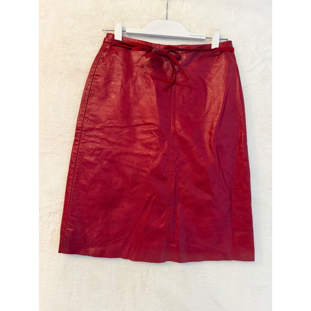 Margaret Godfrey Vintage‎ Red Leather Midi Skirt Tie Waist A-Line Size 4 40707